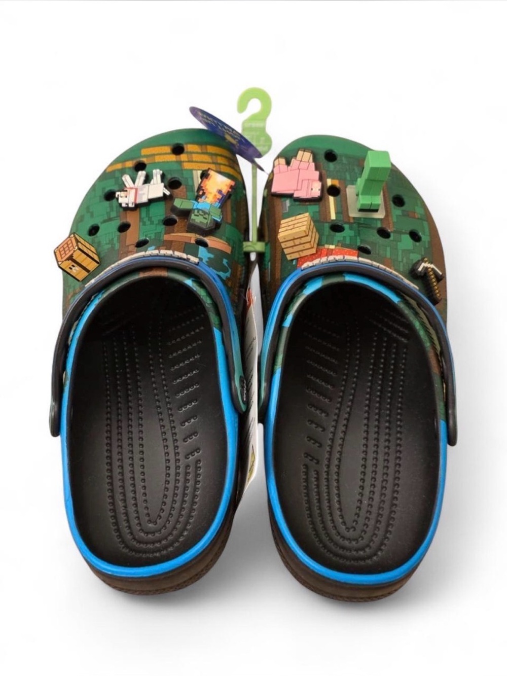 CROCS Green, Black and Blue Clogs with City Charms